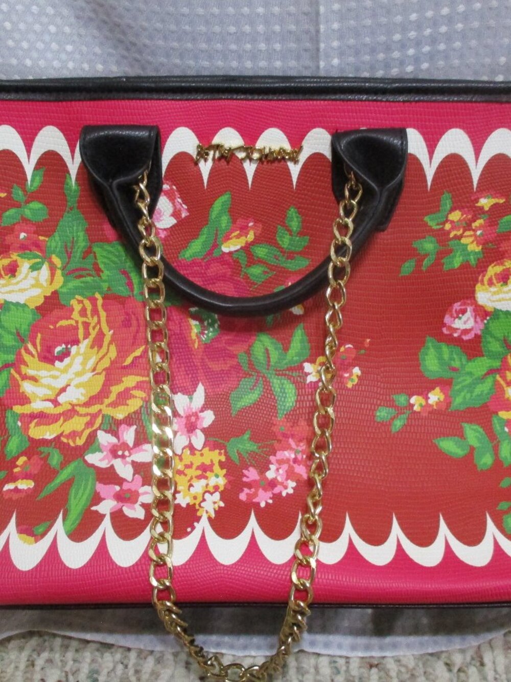 Betsey Johnson Red Floral Shoulder/Top Handle Tote w/Gold Tone Chain Straps